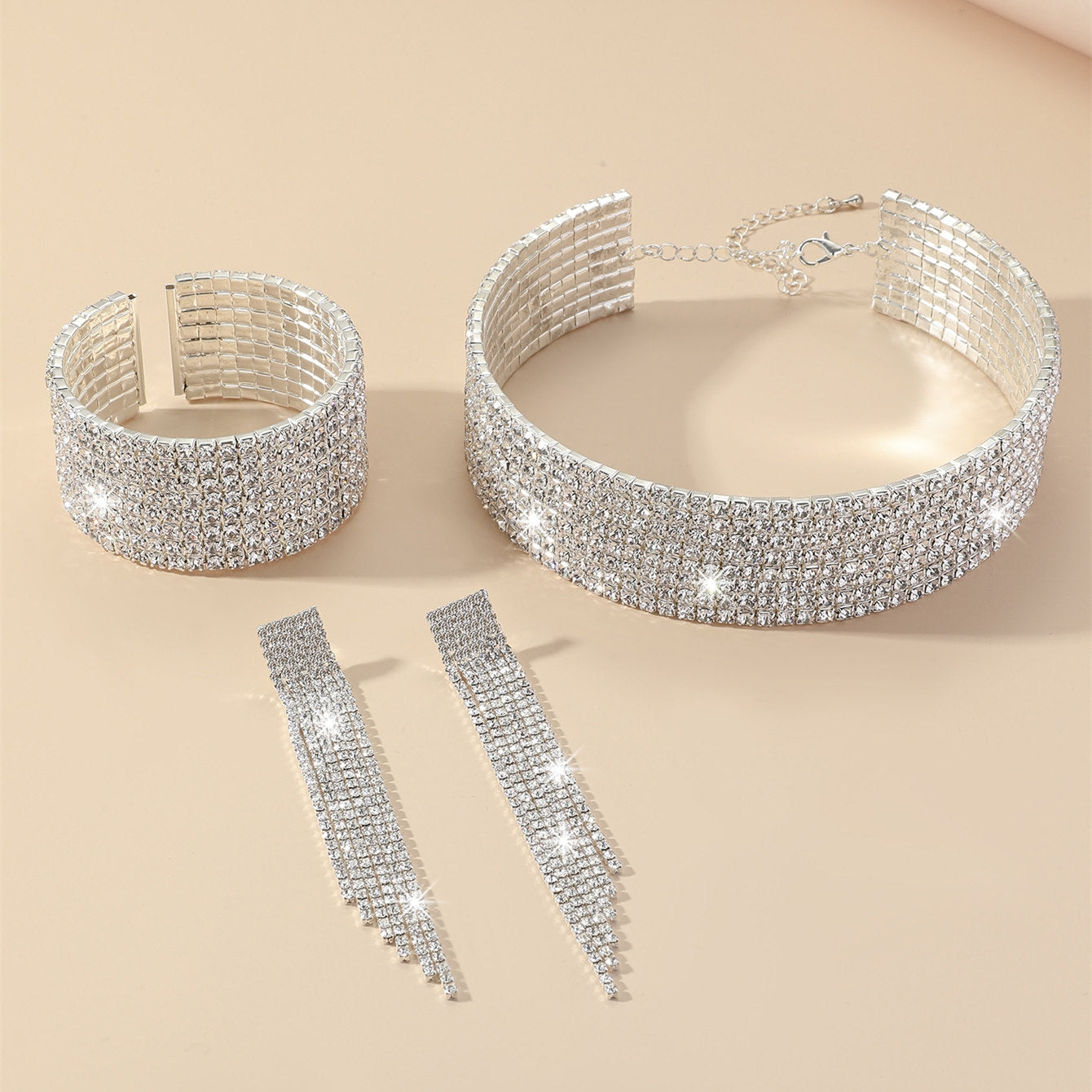 Silver Plated Rhinestone Jewelry Set: Geometric Choker Necklace, Tassel Bracelet, and Crystal Pendant Earrings for Women