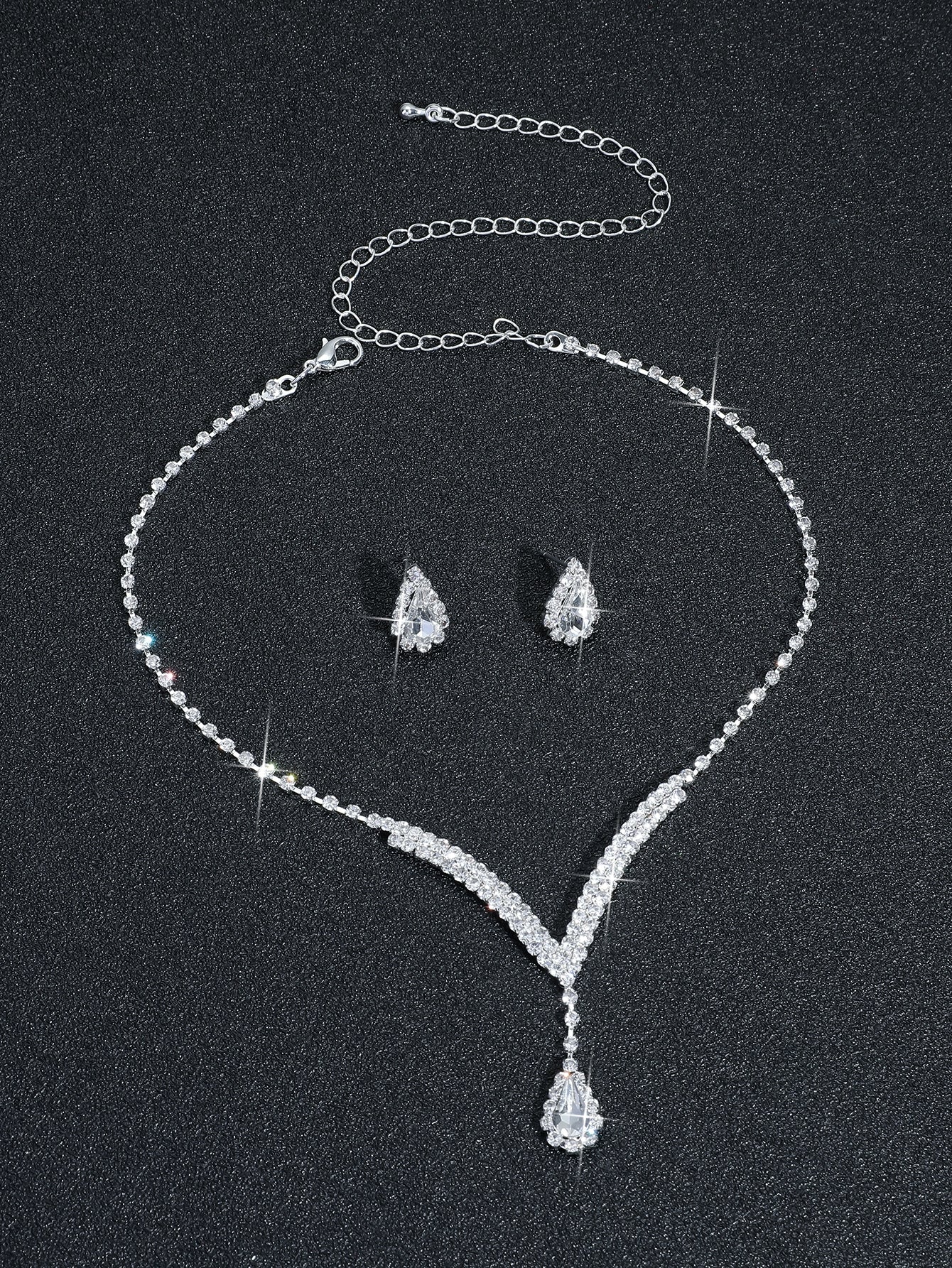 Luxury Rhinestone Necklace and Earrings Set for Women - Silver Plated Bridal Jewelry