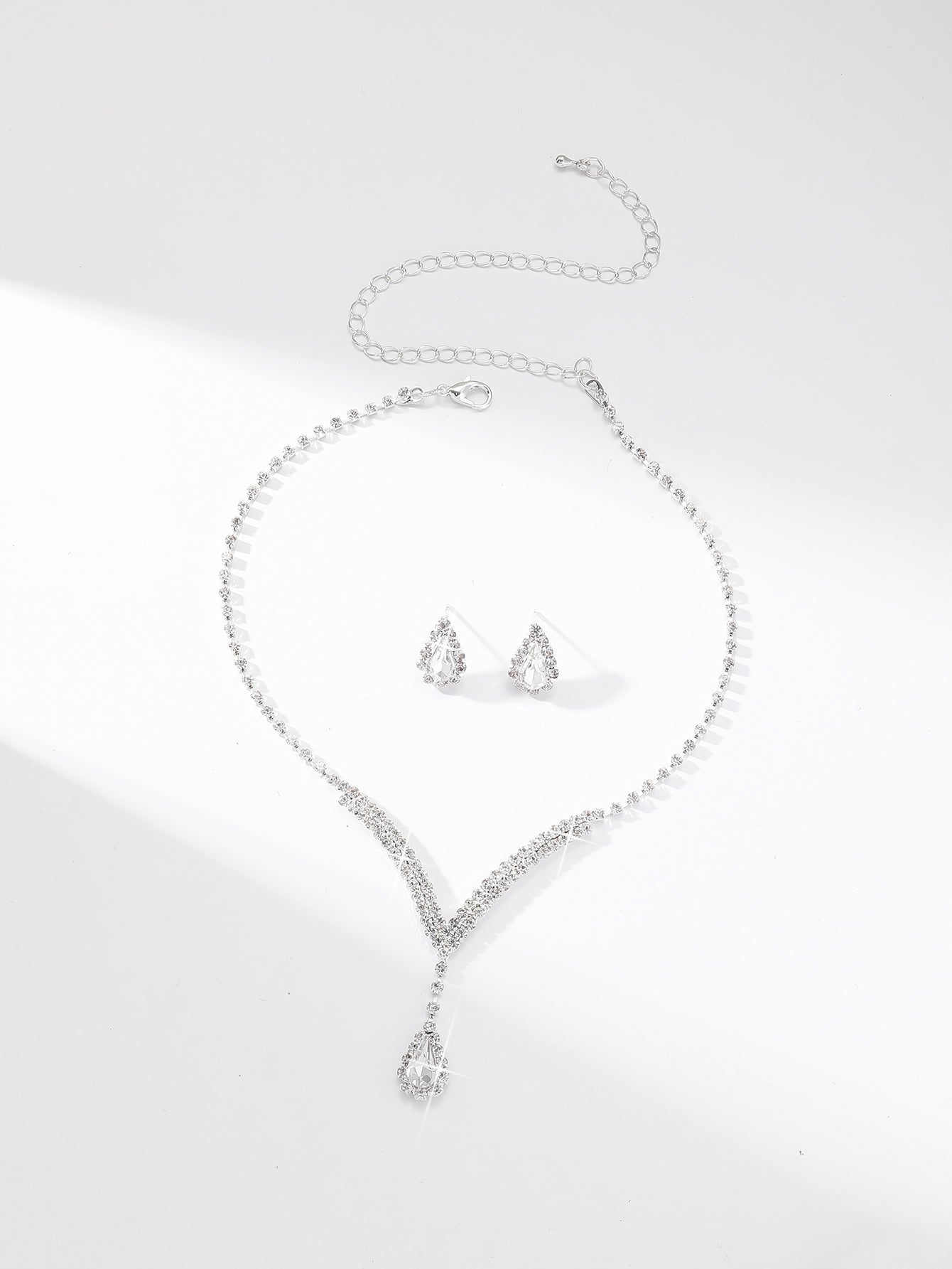 Luxury Rhinestone Necklace and Earrings Set for Women - Silver Plated Bridal Jewelry