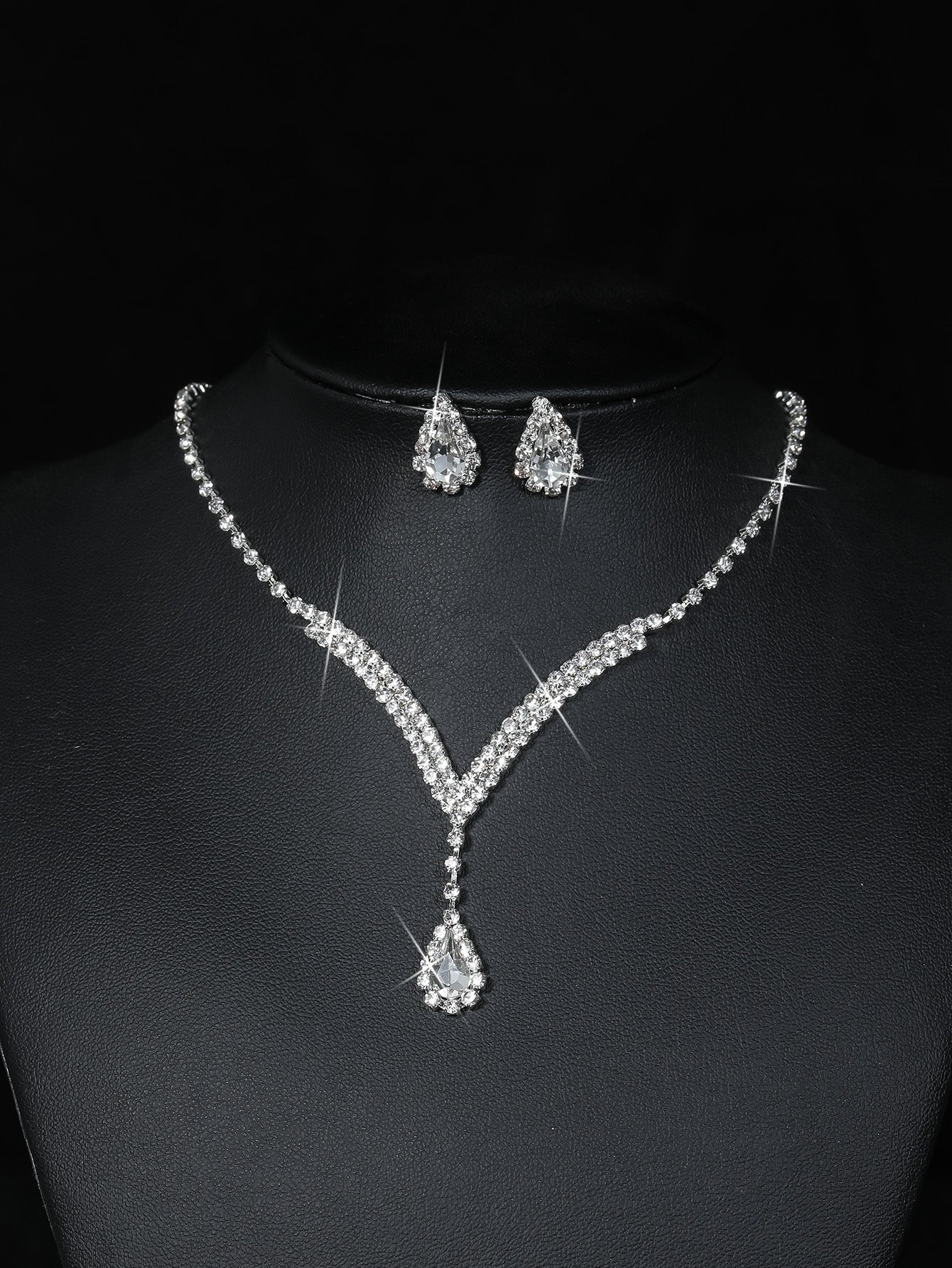 Luxury Rhinestone Necklace and Earrings Set for Women - Silver Plated Bridal Jewelry