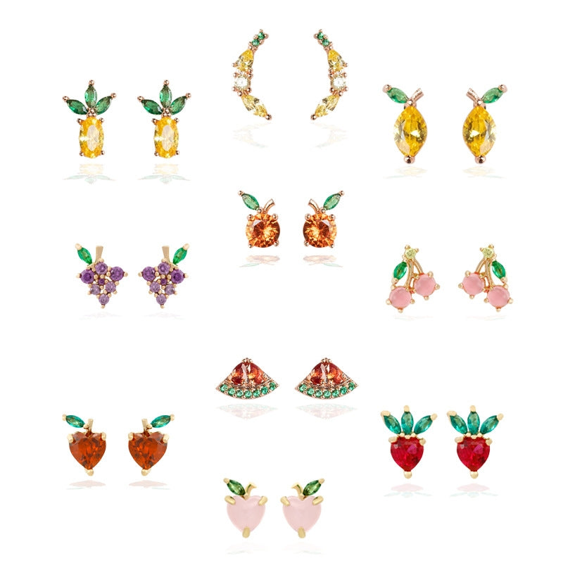 Wholesale Tropical Fruit Zirconia Earrings Women's 925 Silver Needle Summer Fashion Jewelry