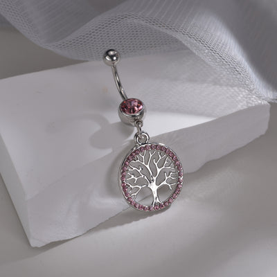 Artistic Tree Leaf Stainless Steel Belly Ring with Artificial Diamond Pendant