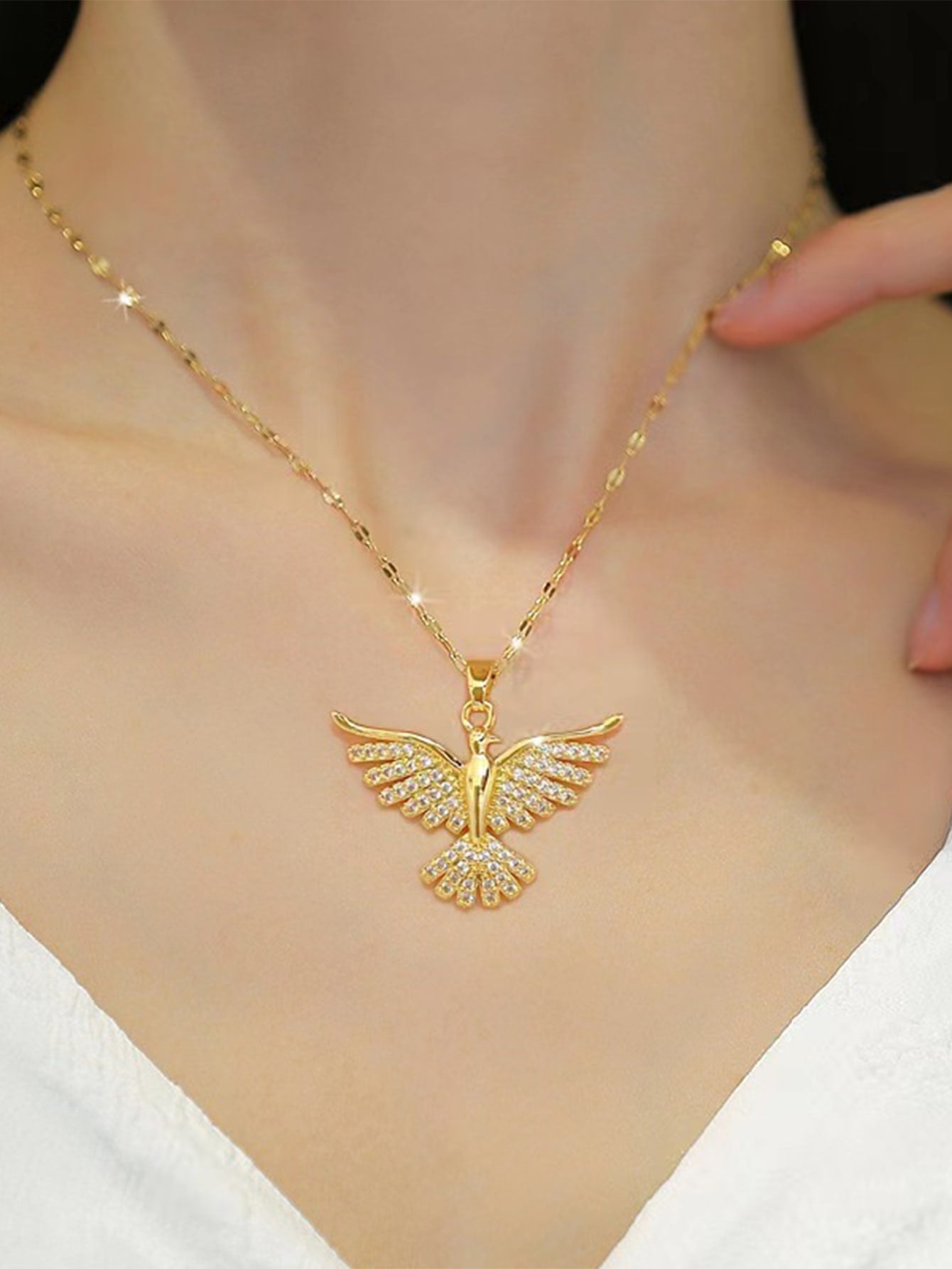 Eagle and Phoenix 18K Gold Plated Zircon Pendant Necklace in Stainless Steel