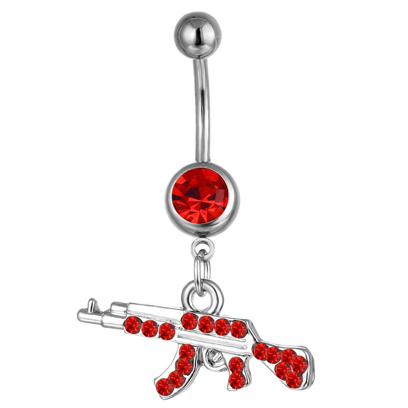 Gun-Shaped Geometric Pendant Navel Ring with Rhinestones