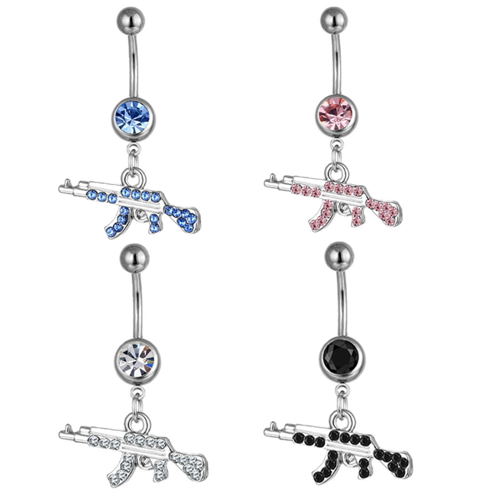 Gun-Shaped Geometric Pendant Navel Ring with Rhinestones