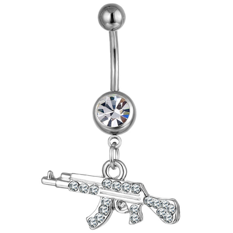 Gun-Shaped Geometric Pendant Navel Ring with Rhinestones