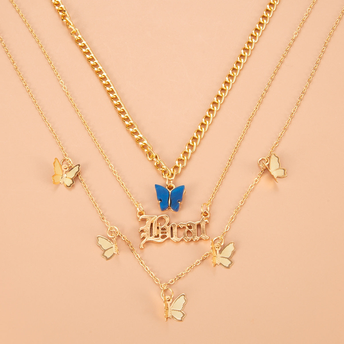 Bohemian Multi-layer Butterfly Pendant Necklace with Letter Charms