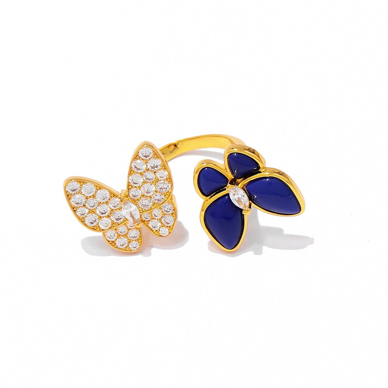 Wholesale Butterfly Zircon 18K Gold Plated Open Ring with Lapis Lazuli Accents