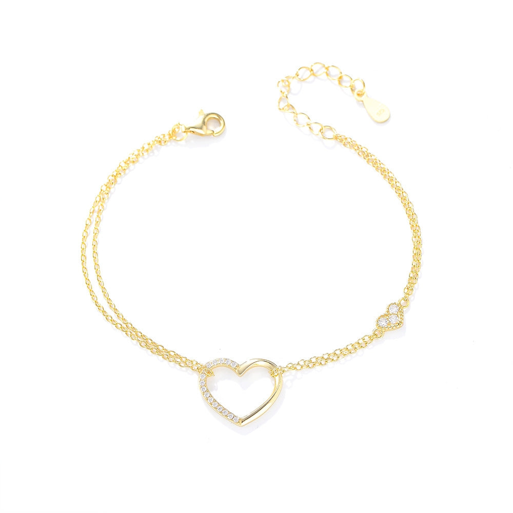 Sterling Silver Heart-Shaped Double-Layer Chain Bracelet with Diamonds