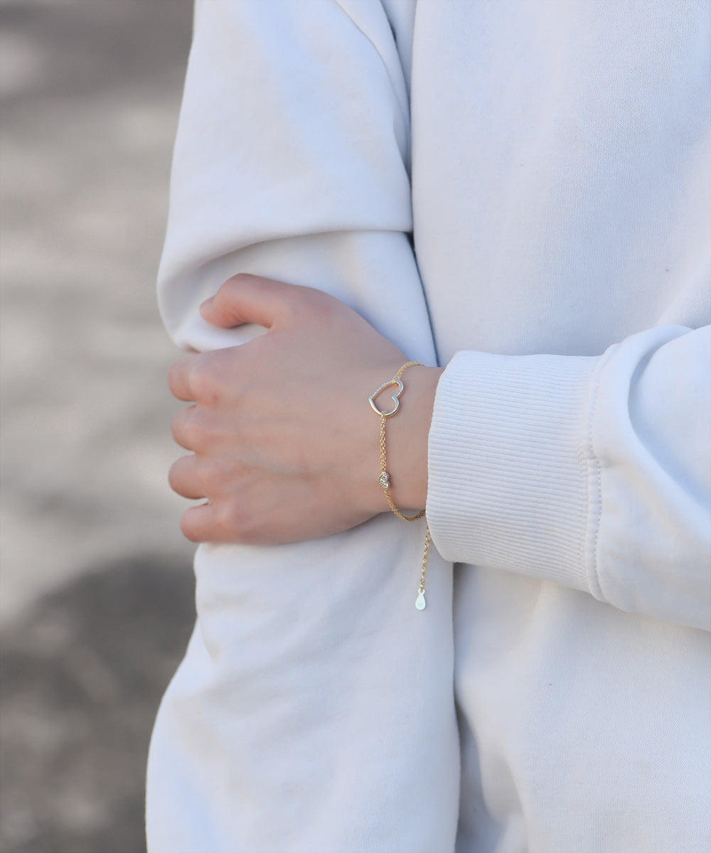 Sterling Silver Heart-Shaped Double-Layer Chain Bracelet with Diamonds