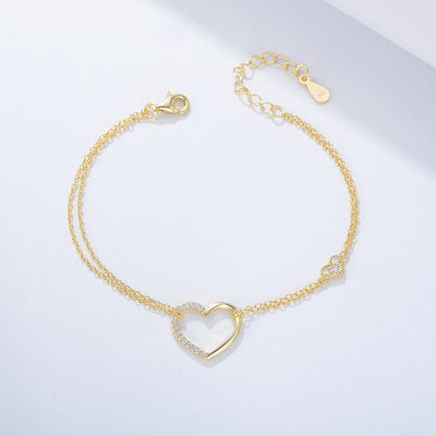 Sterling Silver Heart-Shaped Double-Layer Chain Bracelet with Diamonds