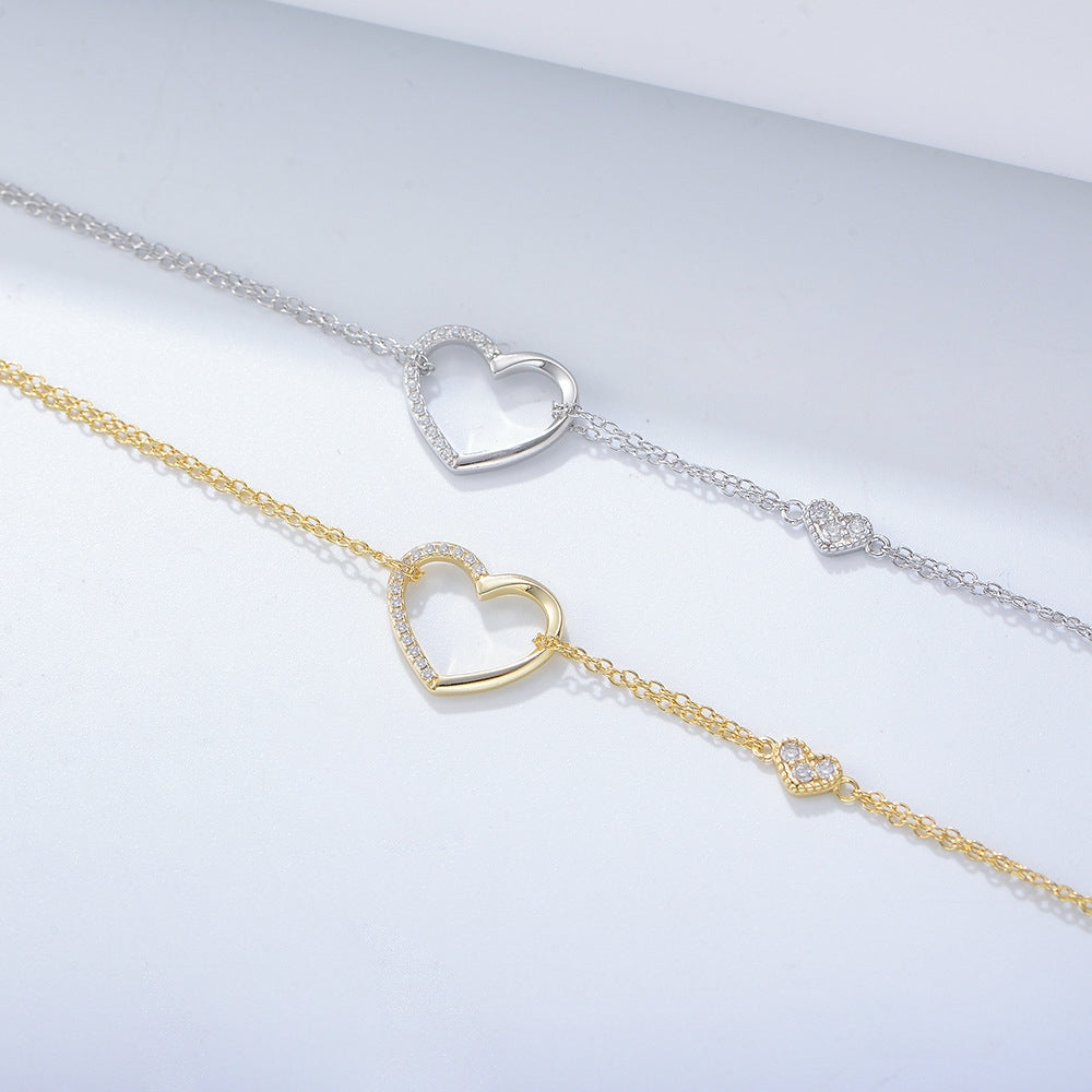 Sterling Silver Heart-Shaped Double-Layer Chain Bracelet with Diamonds