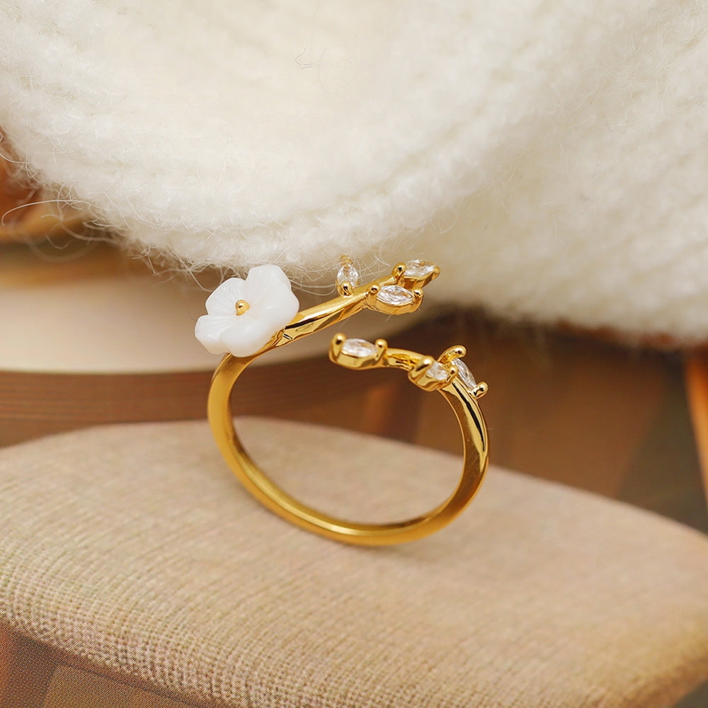 Adjustable 18K Gold Plated Zircon Flower Ring for Women