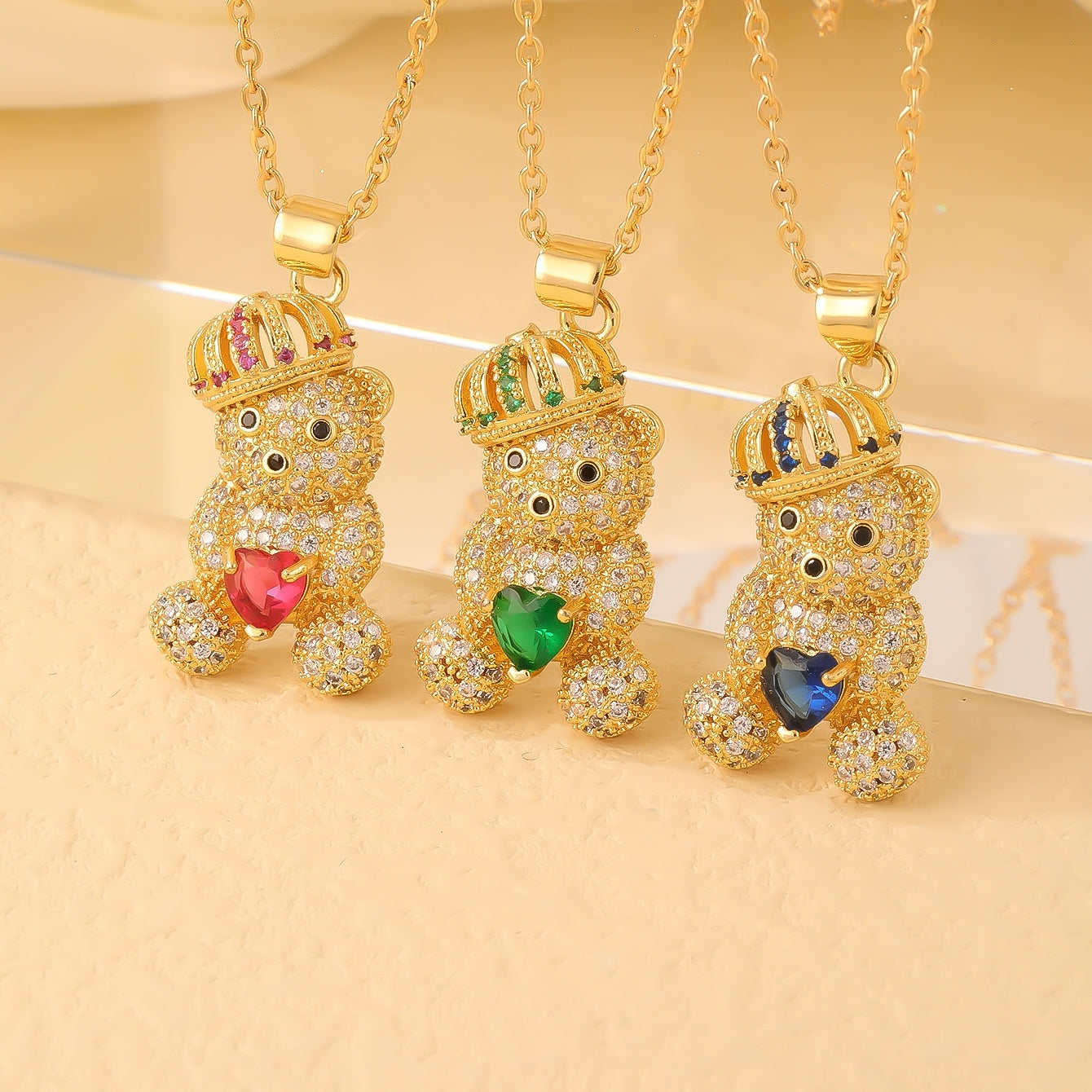 Cute Bear Zircon Pendant Necklace - Gold Plated Stainless Steel