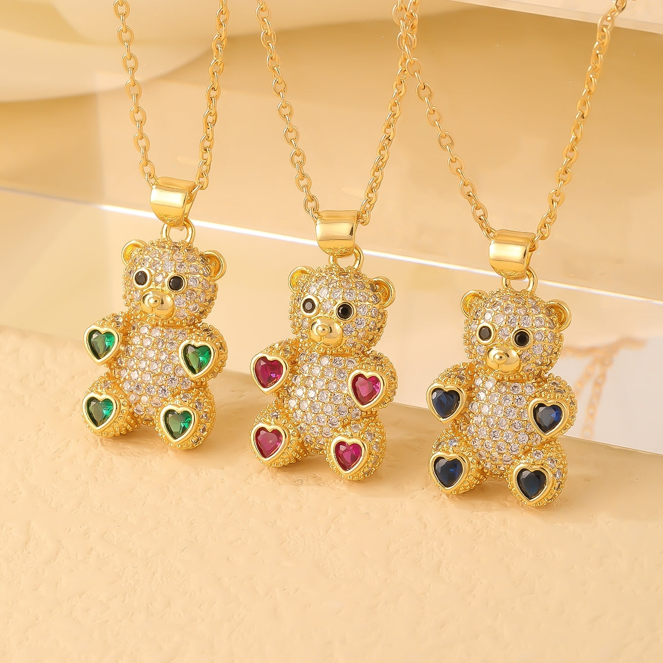 Cute Bear Zircon Pendant Necklace - Gold Plated Stainless Steel