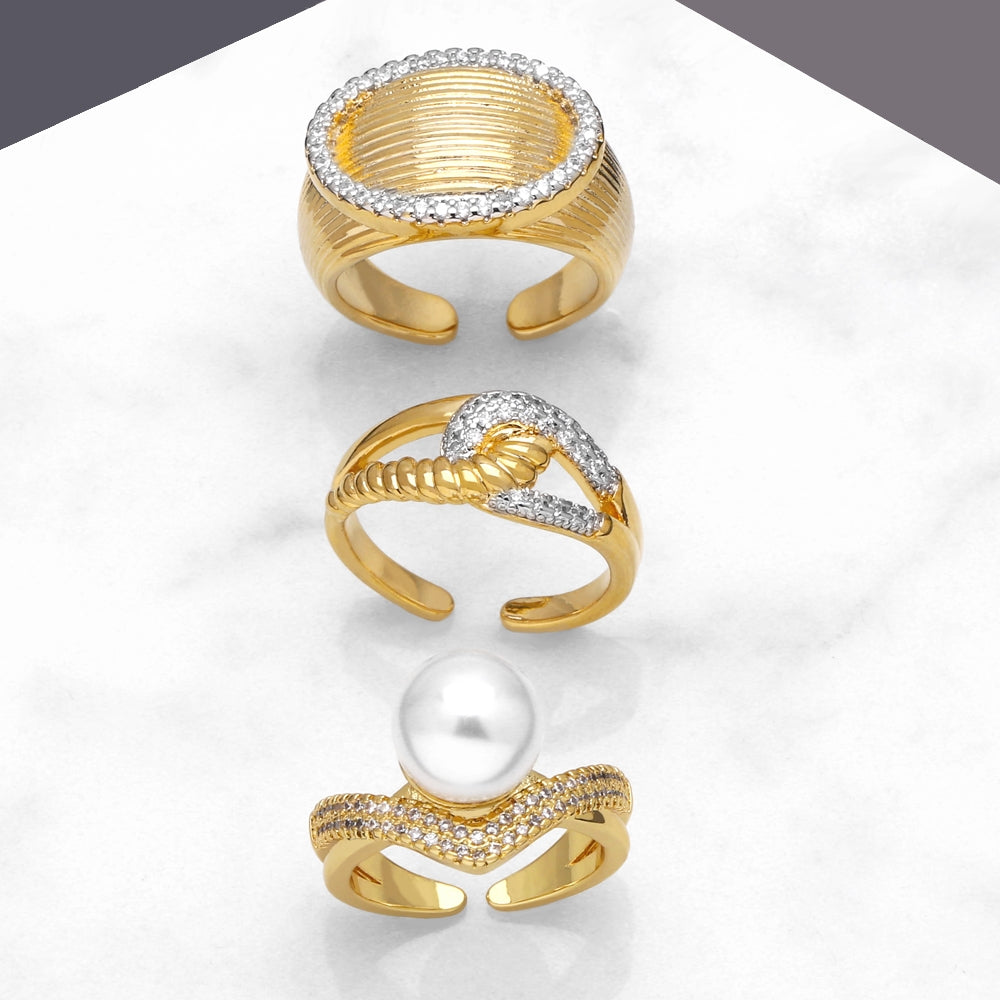 Elegant Geometric 18K Gold Plated Zircon and Pearl Ring