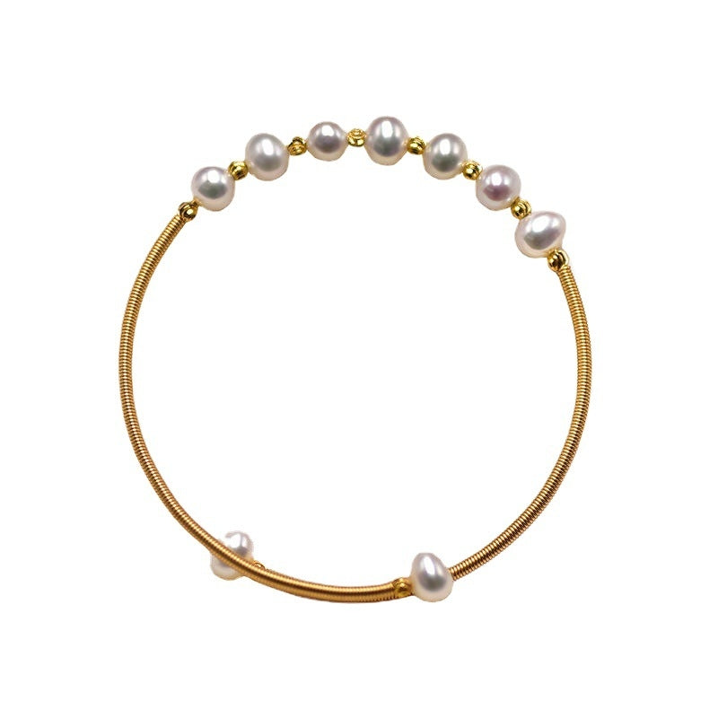 Elegant Retro Freshwater Pearl Braided Gold Bangle Bracelet