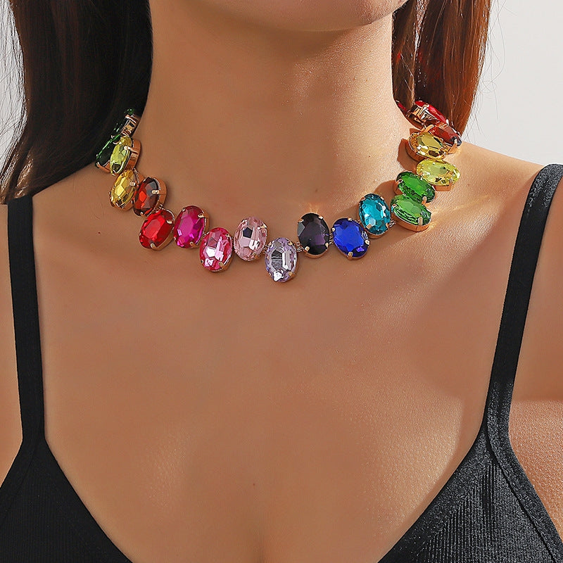 Elegant Colorful Oval Crystal Choker Necklace