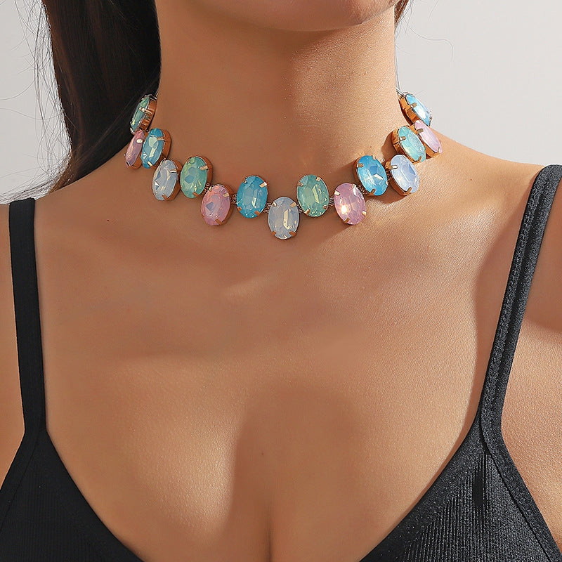 Elegant Colorful Oval Crystal Choker Necklace