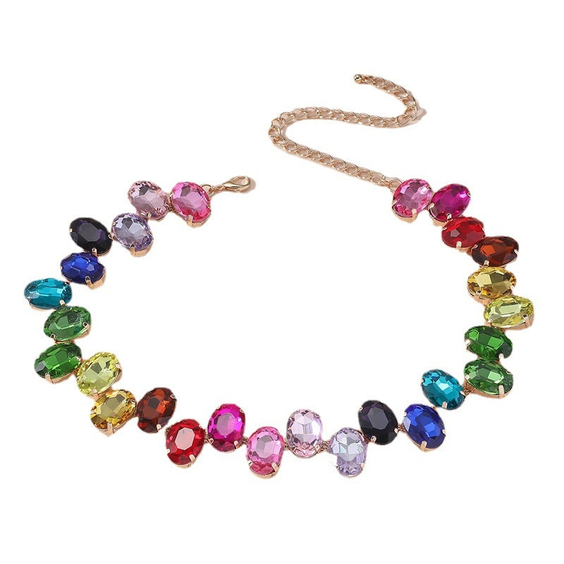 Elegant Colorful Oval Crystal Choker Necklace