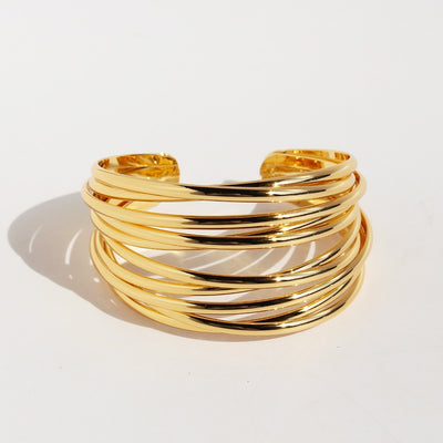 Exaggerated 18K Gold Plated Copper Bangle with Multi-Layer Abstract Wavy Pattern