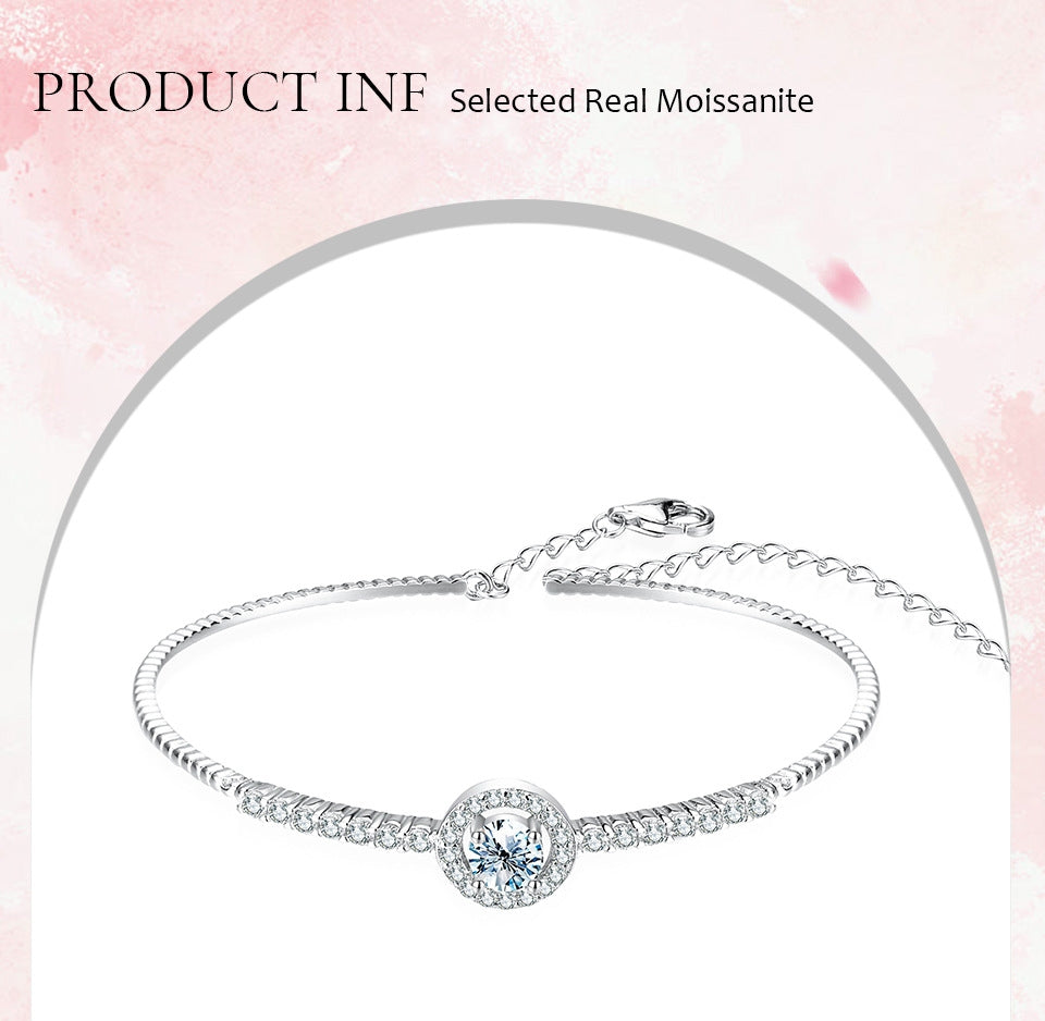 Glamorous Moissanite Round Inlay Sterling Silver 18K White Gold Plated Bracelet