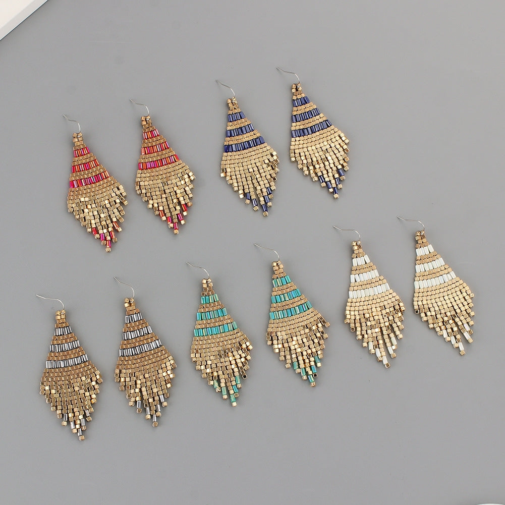 Bohemian Color Block Seed Bead Tassel Earrings