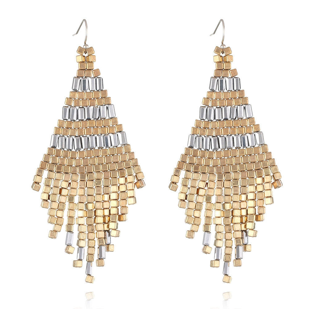 Bohemian Color Block Seed Bead Tassel Earrings