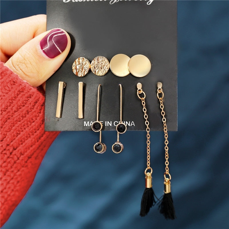 Retro Round Tassel Heart Shape Alloy Earrings Set - 5 Pairs