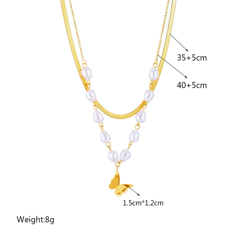 Baroque Butterfly Pearl 18k Gold Plated Layered Necklace with Heart and Starburst Pendant