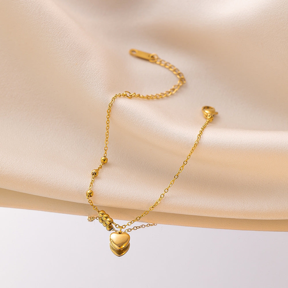 18K Gold Plated Stainless Steel Heart Beaded Anklet