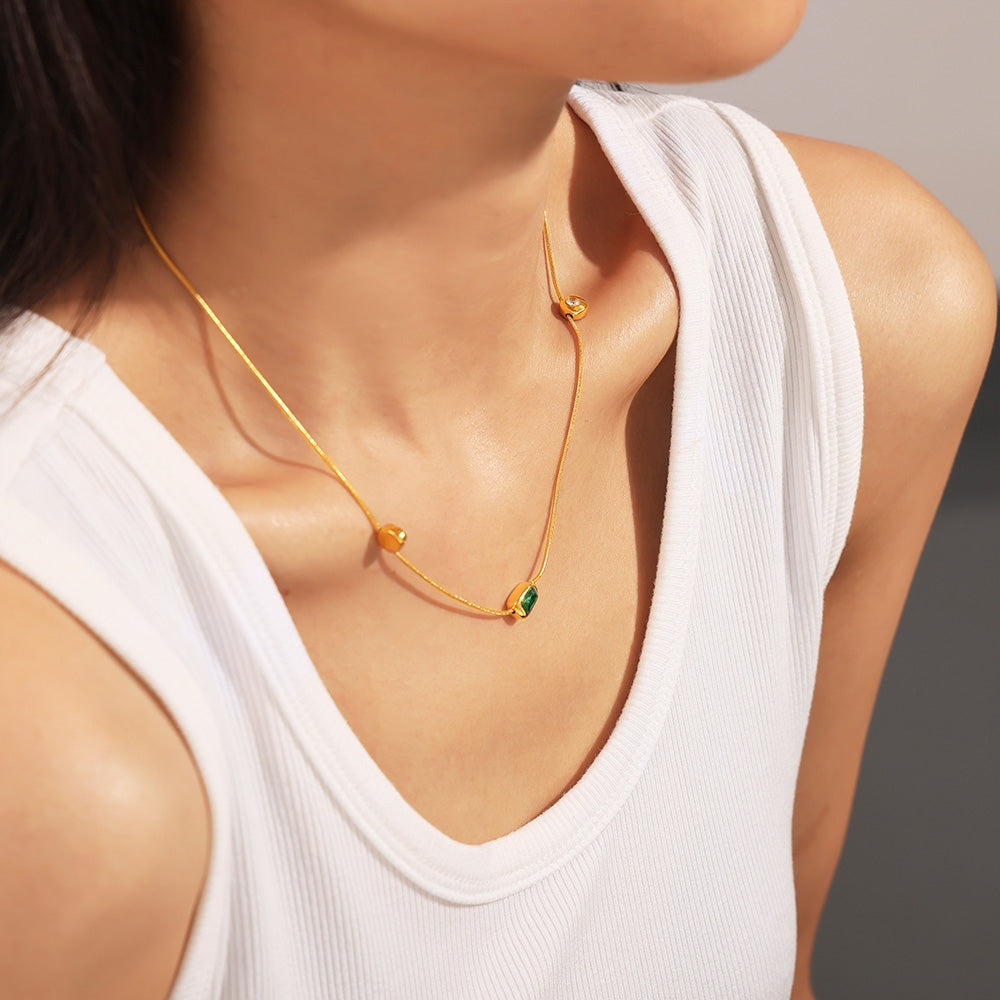 Modern Geometric Titanium Steel Necklace with Glass Stone and 18K Gold Plating