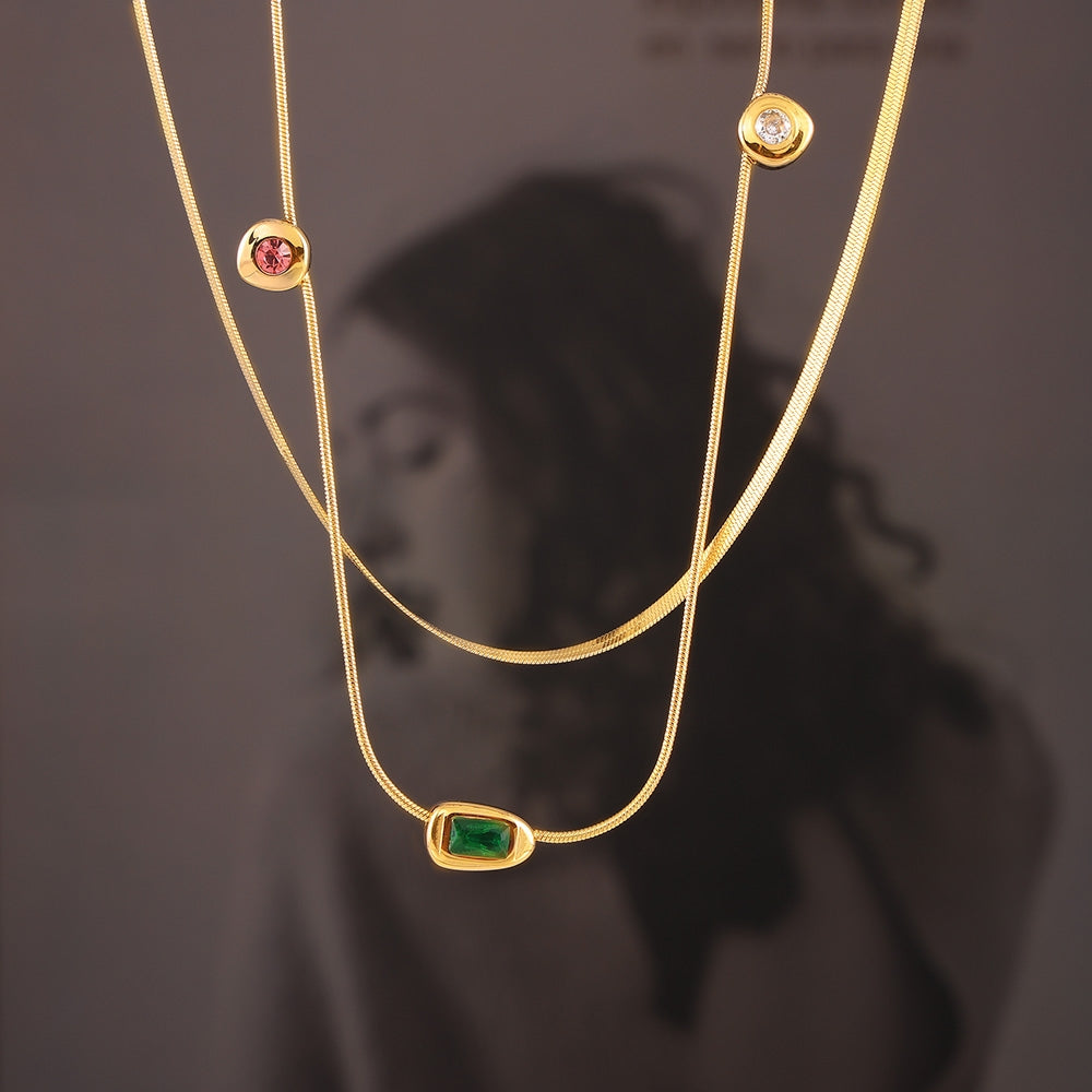 Modern Geometric Titanium Steel Necklace with Glass Stone and 18K Gold Plating