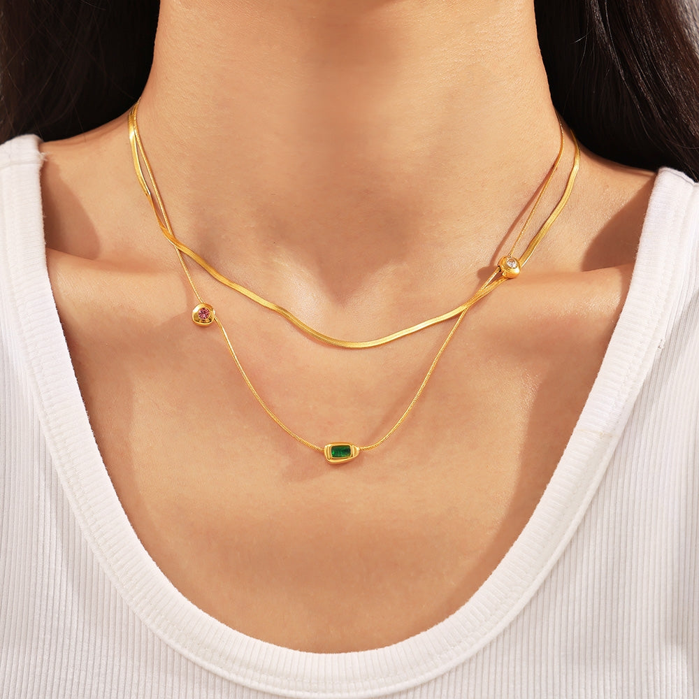 Modern Geometric Titanium Steel Necklace with Glass Stone and 18K Gold Plating