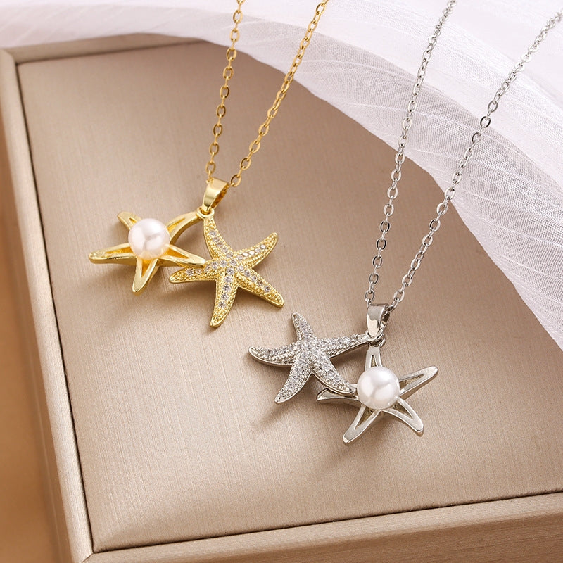 Stainless Steel Starfish Pearl Zircon Pendant Necklace