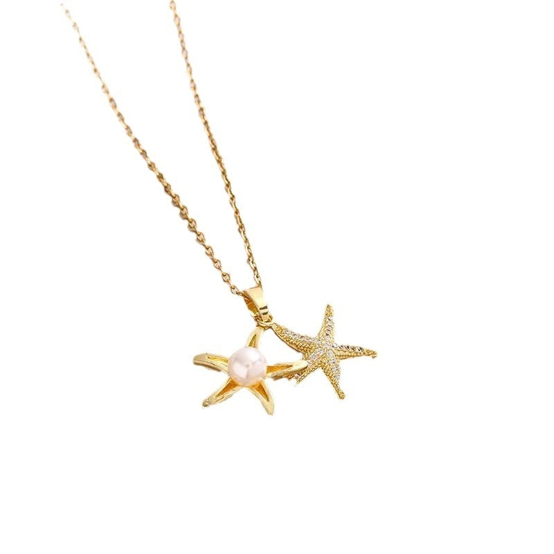 Stainless Steel Starfish Pearl Zircon Pendant Necklace