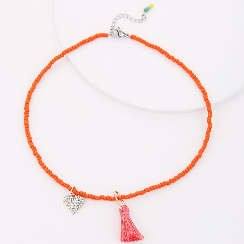 Handmade Geometric Heart Shape Glass Beaded Tassel Necklace