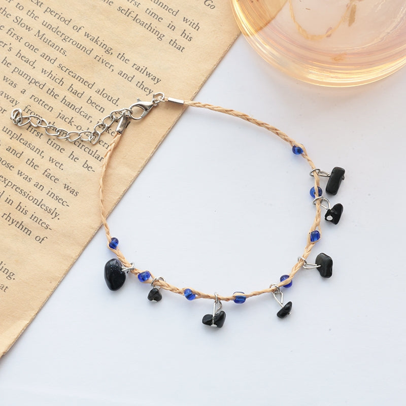 Handmade Irregular Natural Stone Anklet with Raffia Rainbow Beads