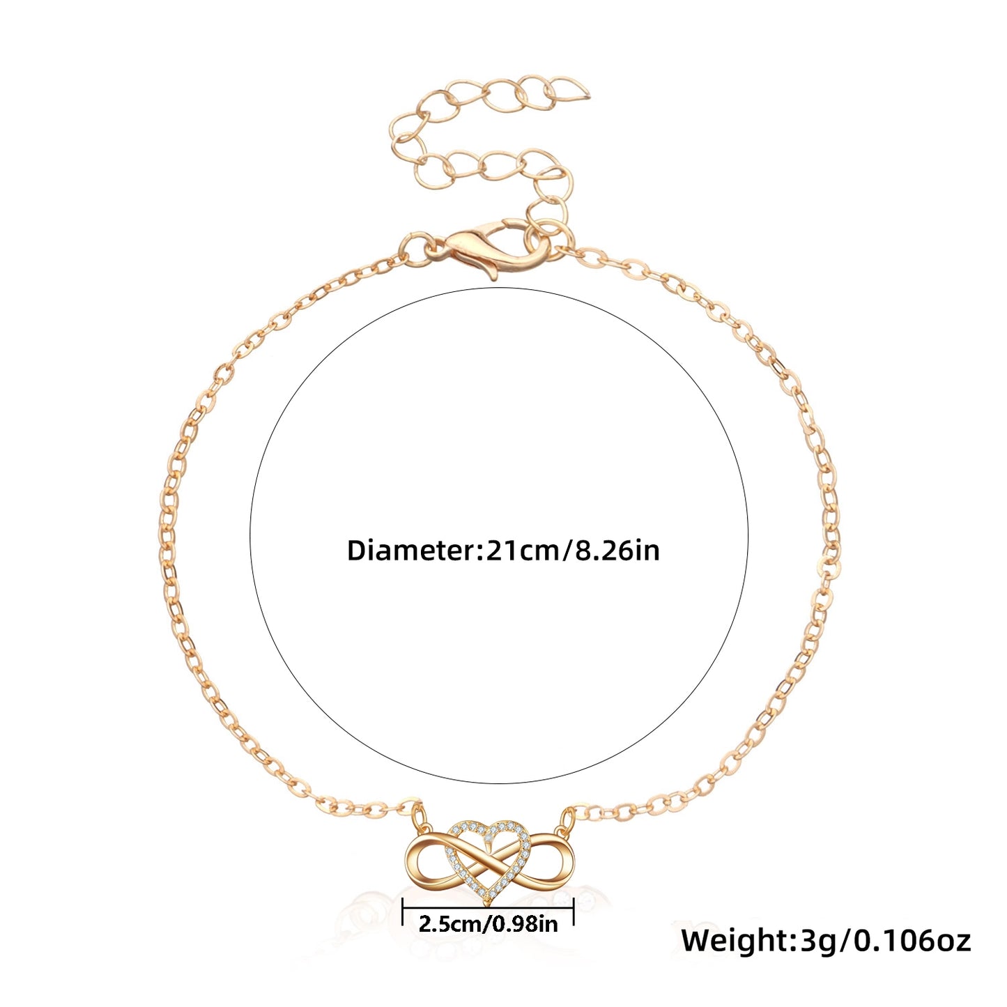 Romantic Heart Shape Gold Plated Infinity Anklet with Rhinestones