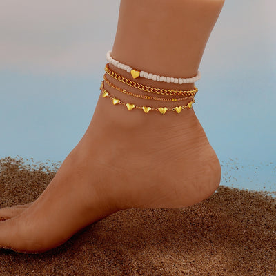 Heart Shape Alloy Beaded Anklet Set - Fashionable Beach Style Jewelry