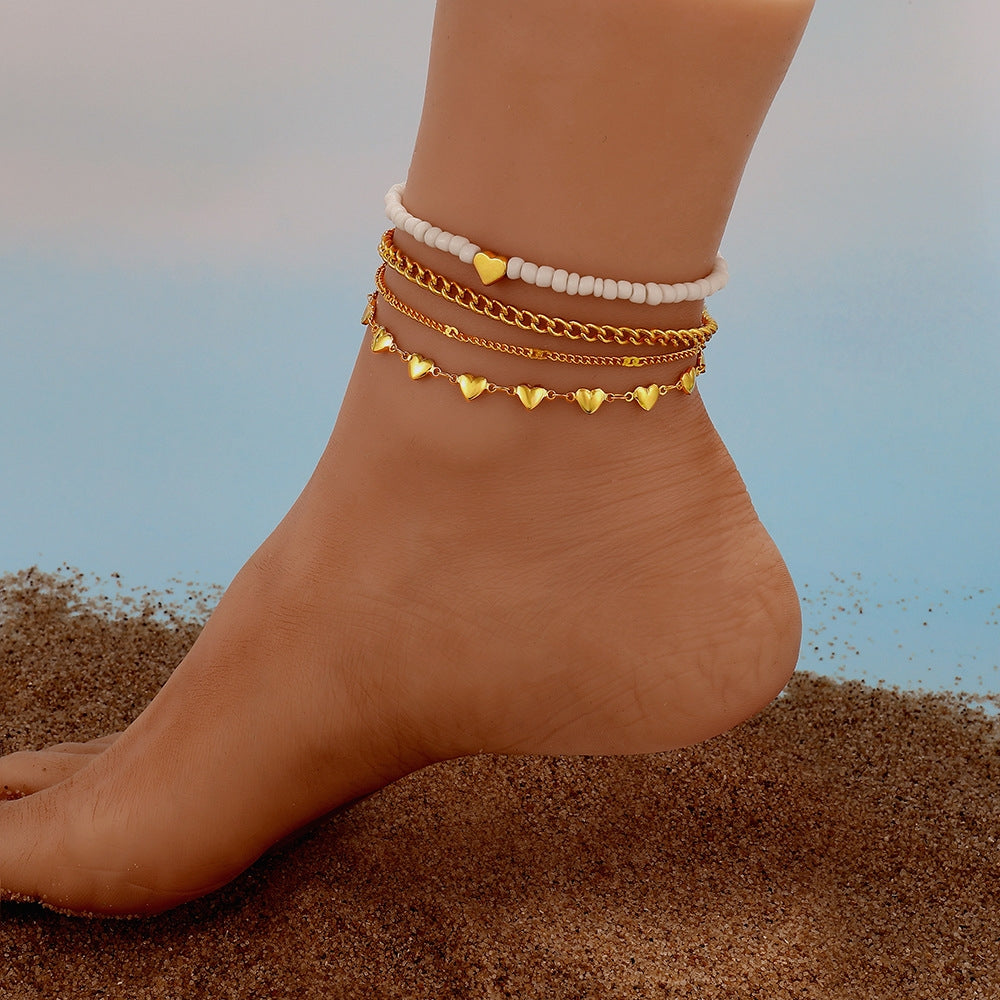 Heart Shape Alloy Beaded Anklet Set - Fashionable Beach Style Jewelry