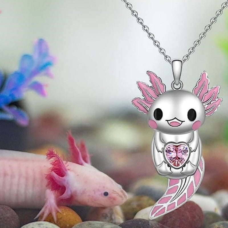 Cute Pink Axolotl Heart Pendant Necklace - Alloy Animal Jewelry Design