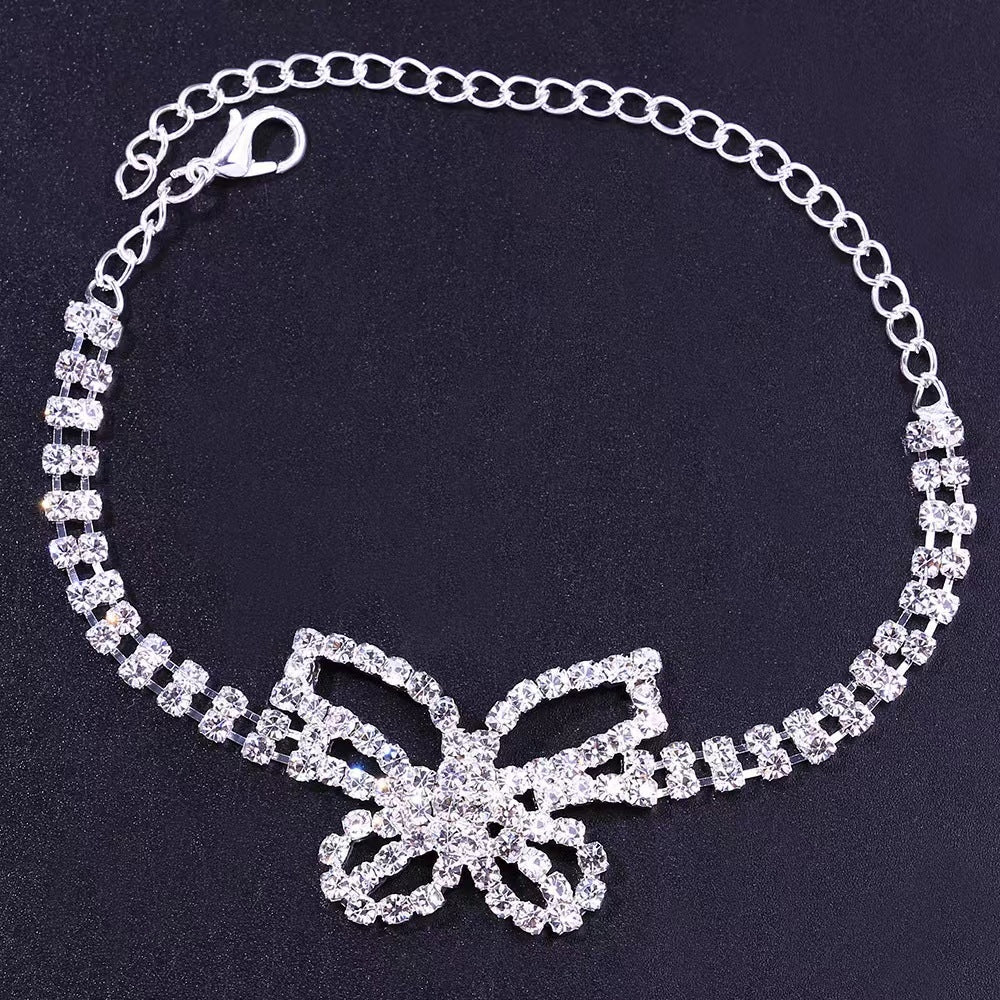 Elegant Double Row Rhinestone Butterfly Anklet