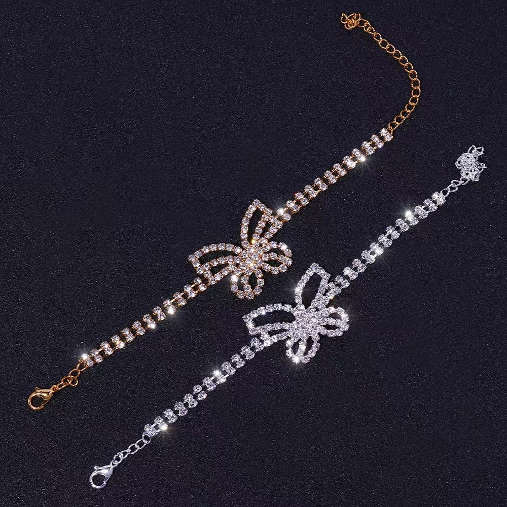 Elegant Double Row Rhinestone Butterfly Anklet