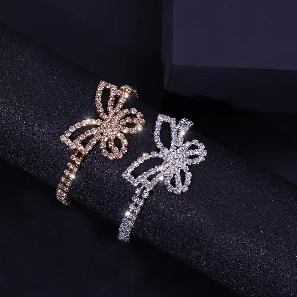 Elegant Double Row Rhinestone Butterfly Anklet