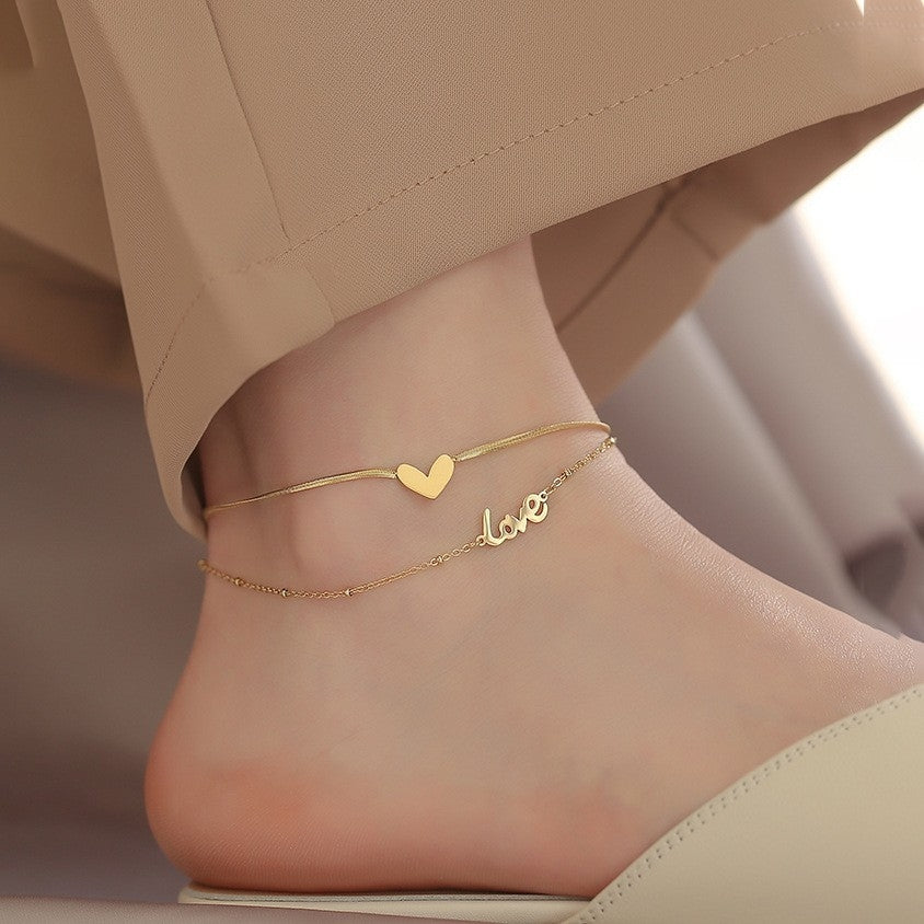 Elegant Heart Letter Titanium Steel Anklet - Double Layer Love Design