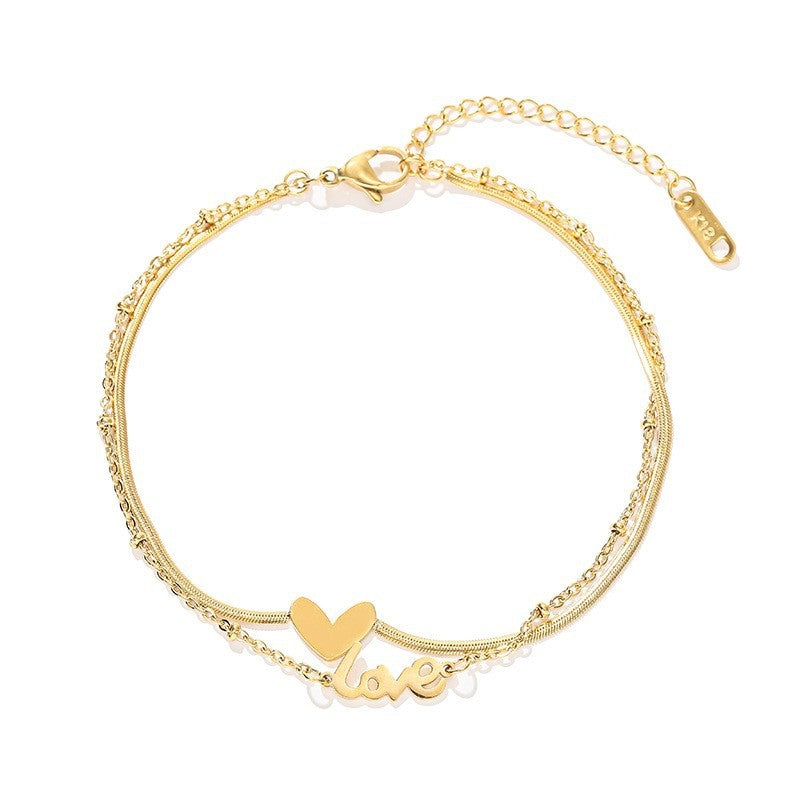 Elegant Heart Letter Titanium Steel Anklet - Double Layer Love Design