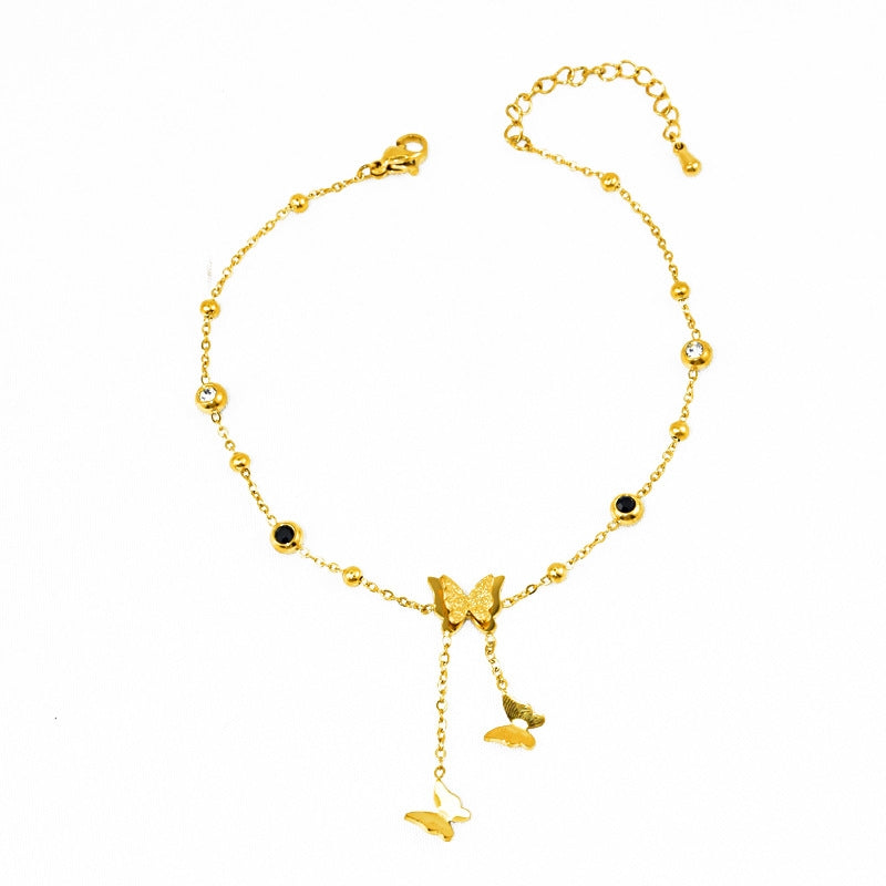 Elegant Butterfly & Star 18K Gold Plated Stainless Steel Anklet with Shell Tassel and Zirconia Accents