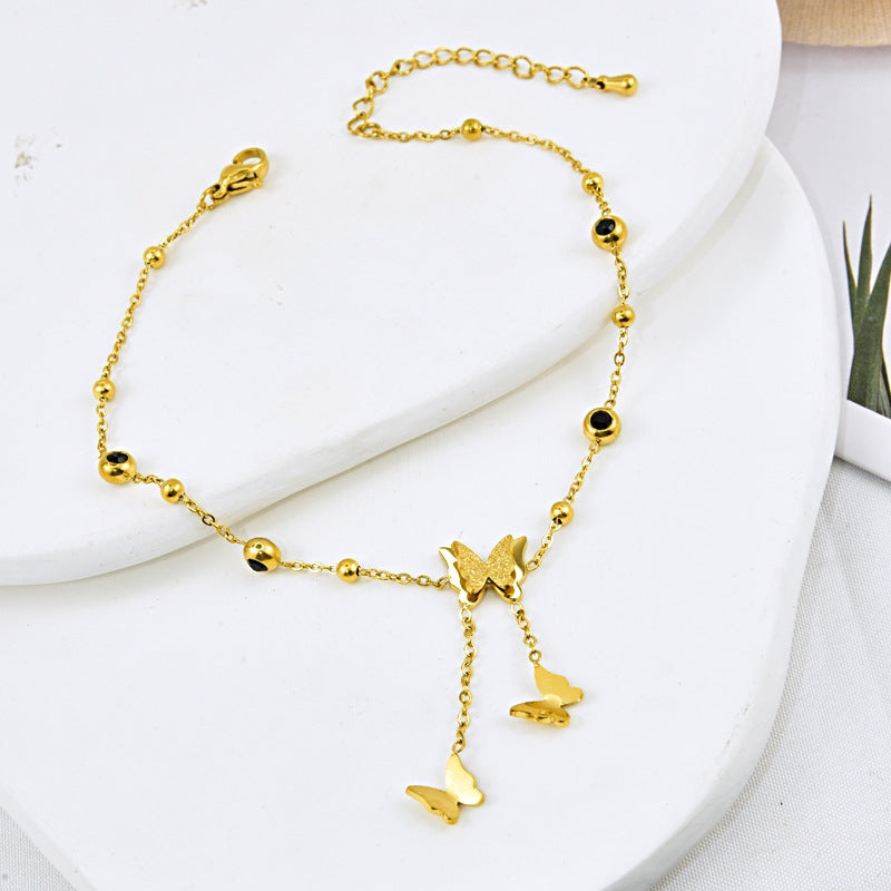 Elegant Butterfly & Star 18K Gold Plated Stainless Steel Anklet with Shell Tassel and Zirconia Accents