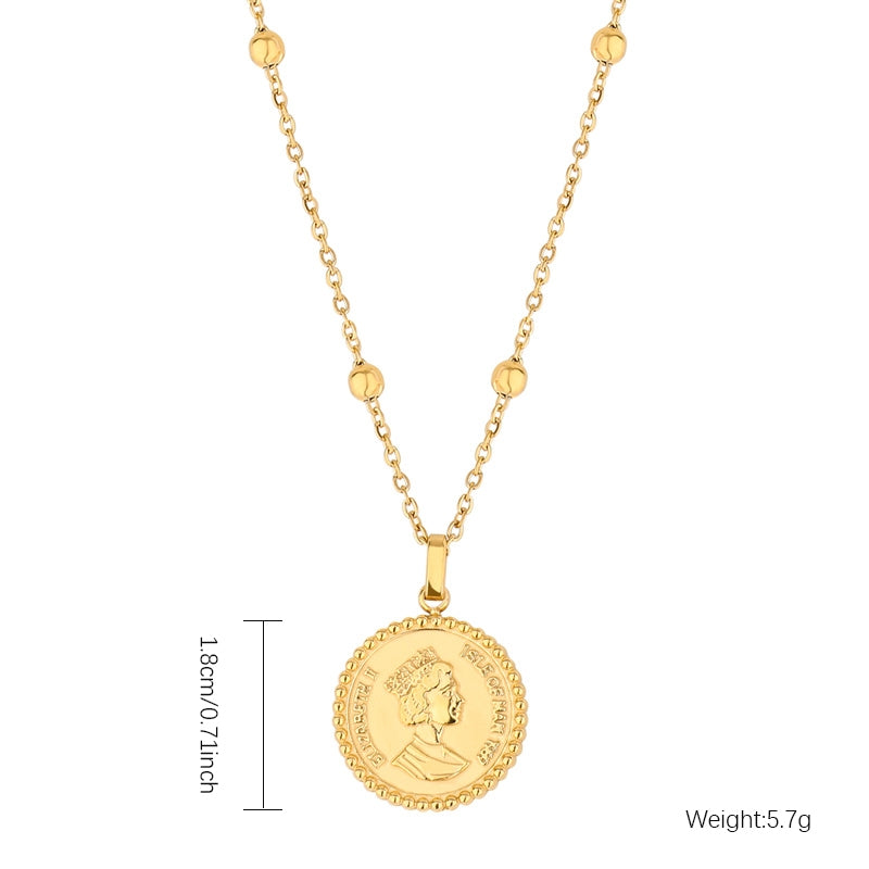 Elegant Zircon Gold Plated Stainless Steel Pendant Necklace with Coin and Shell Design